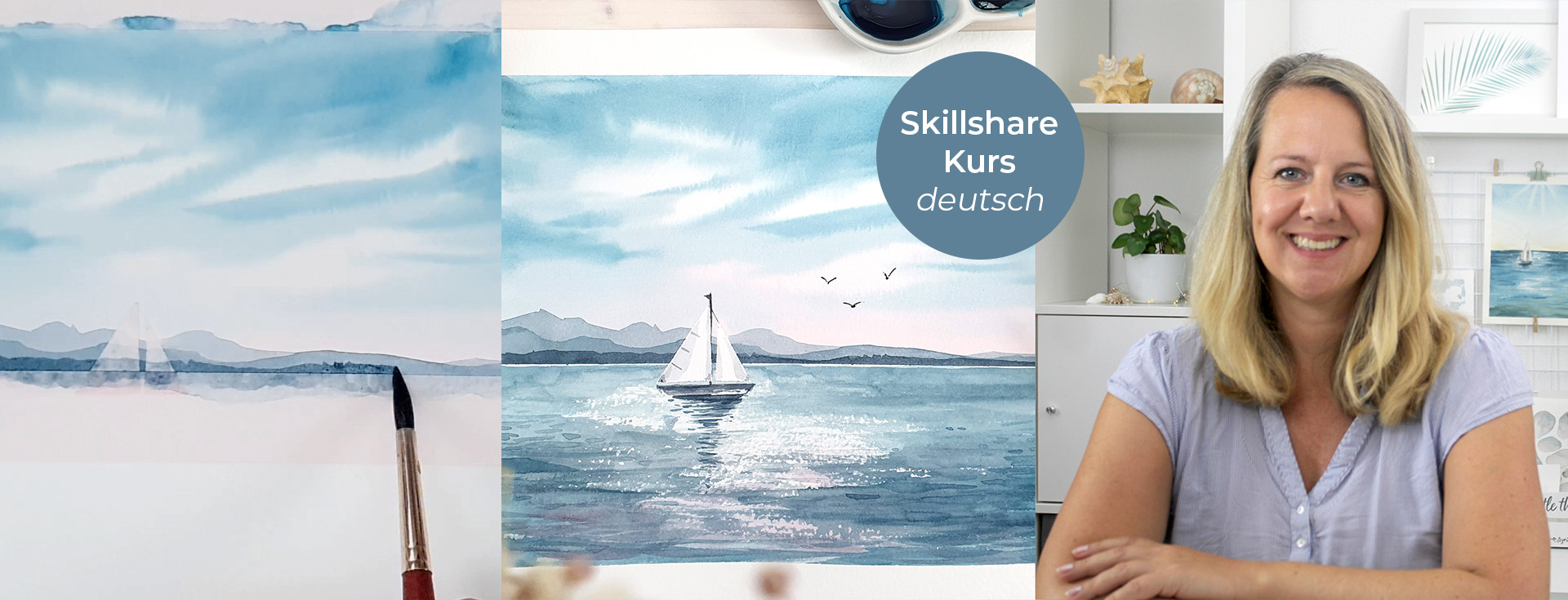 Kurs Teaser Aquarell: See mit Segelboot