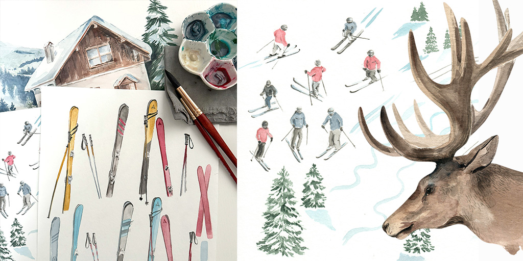 Ski themed watercolor illustrations